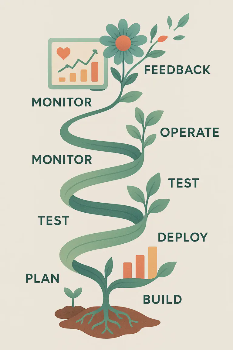 An upward-spiraling illustration of the DevOps lifecycle blending technology and nature. The stages β Plan, Build, Test, Deploy, Operate, Monitor, and Feedback β appear along a green spiral that grows like a plant from soil to flower. Each stage symbolizes growth and continuous improvement: roots represent planning and building, leaves signify operation, and a blooming flower at the top represents monitored success and feedback. Warm teals, sage greens, coral, and gold tones convey professionalism and optimism on a light background, visually uniting data analytics and altruistic growth.